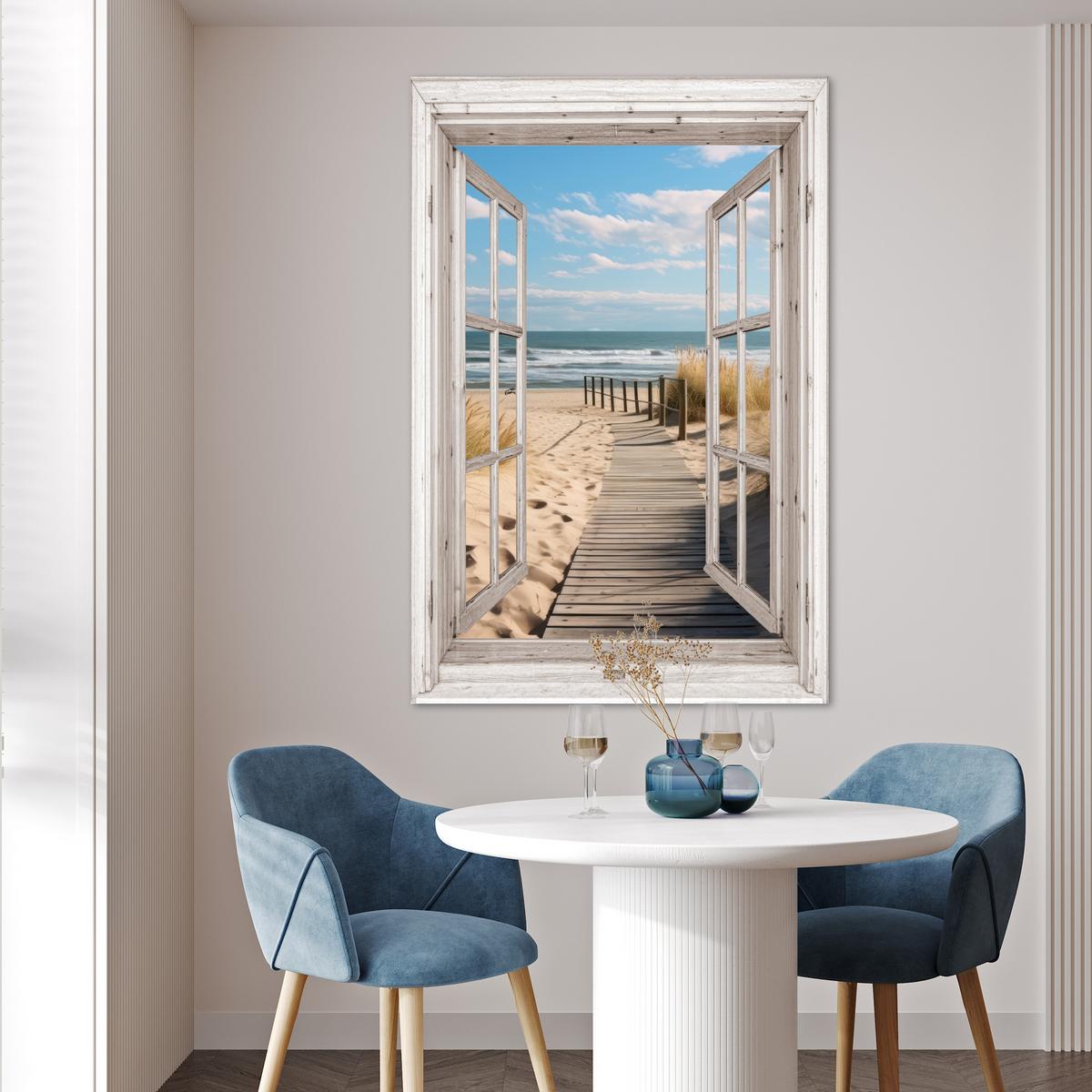 POSTER Fenster - Meer - Küste - Natur - Ausblick - Strand - Wattenmeer Wandbild Schlafzimmer 80x120 cm - Beige, Papier (80/120/0.1cm) - MuchoWow