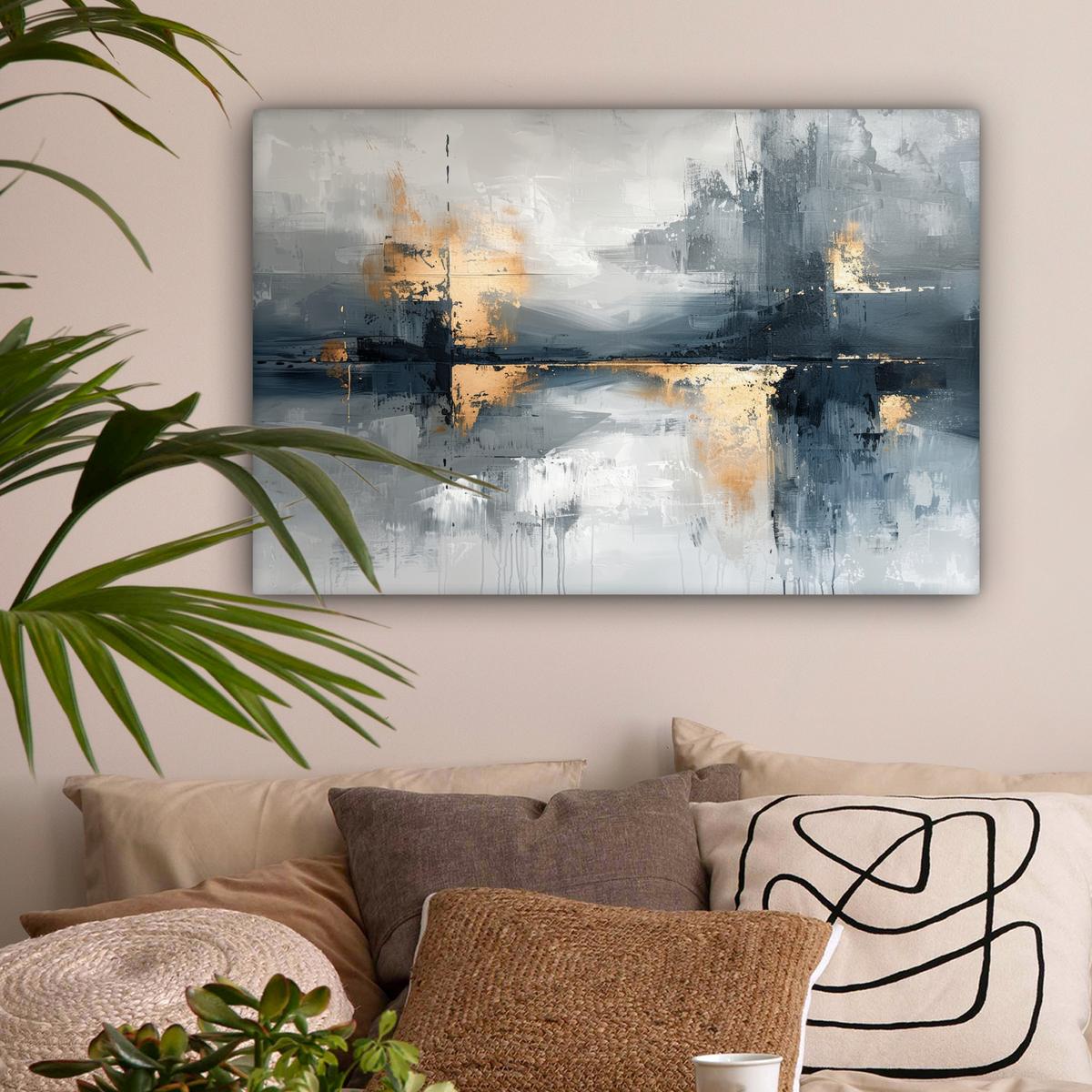LEINWANDBILD Kunst - Grau - Gold - Abstrakt Wanddeko 90x60 cm - Dunkelgrau, Textil (90/60cm) - MuchoWow