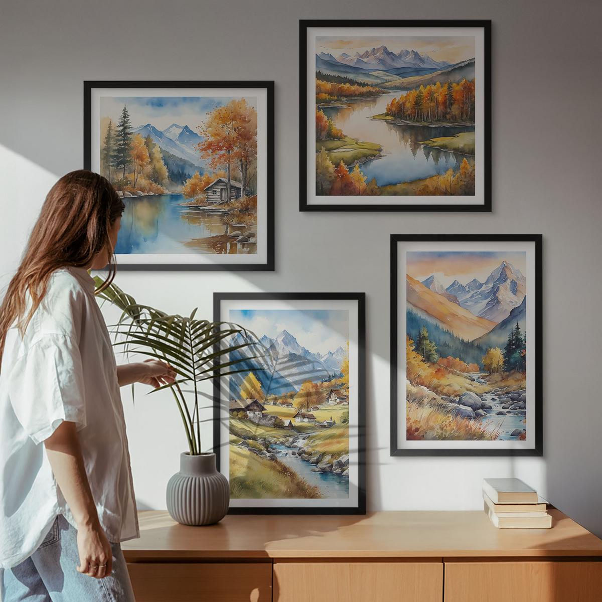 BILDER SET 4er Set - 50x50 cm & 40x60 cm Schwarzer Rahmen - Herbstliche Naturlandschaften - Schwarz, Kunststoff (50/50cm) - TULUP