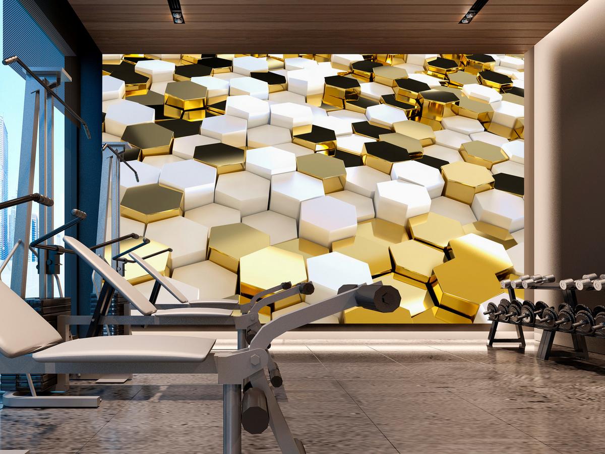 FOTOTAPETE für Büro Futuristisch Goldene Hexagone Formen Geometrie 350x256 - Gelb/Goldfarben, Papier (350/256cm) - Muralo