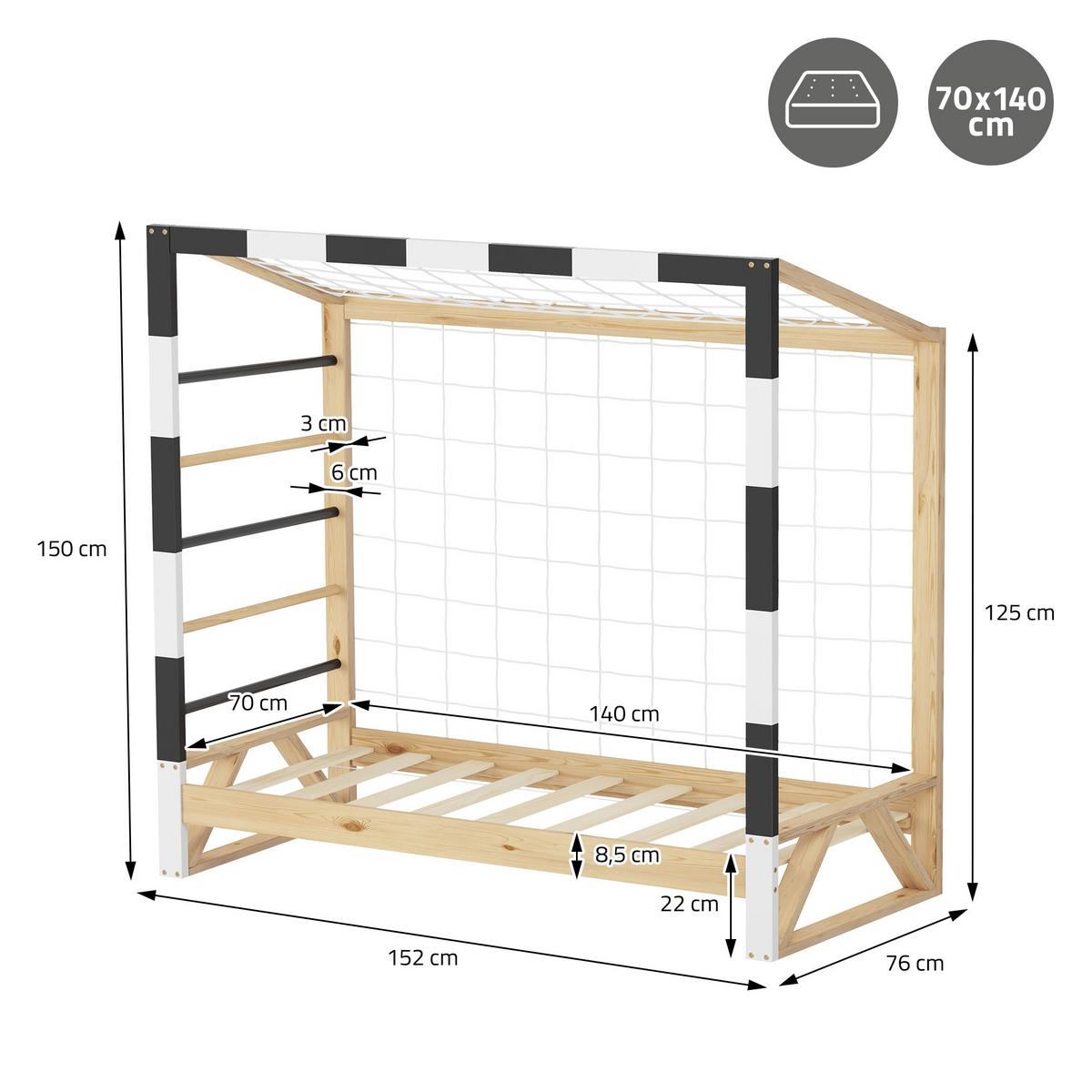 KINDERBETT Fußballtor 70x140 cm Schwarz-Weiß - Hellbraun, Holz (70/150cm) - ML-DESIGN