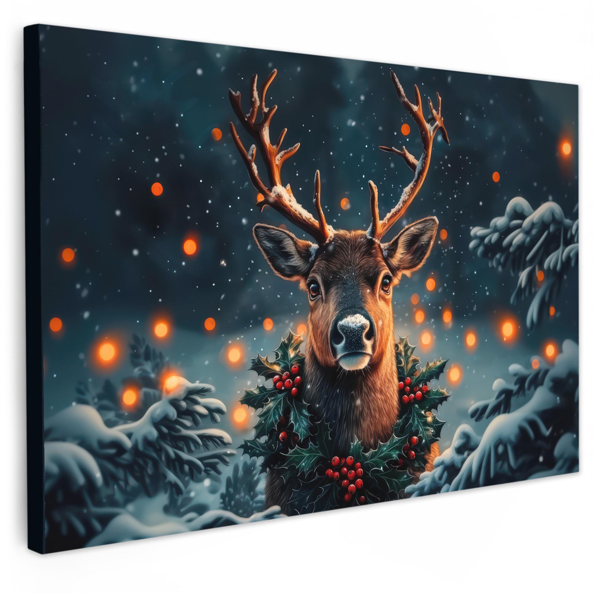 LEINWANDBILD Hirsch - Weihnachten - Winter - Schnee - Weihnachtskranz Deko Schlafzimmer 30x20 cm - Dunkelbraun, Textil (30/20cm) - MuchoWow