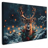 LEINWANDBILD Hirsch - Weihnachten - Winter - Schnee - Weihnachtskranz Wohnzimmer Groß 120x80 cm - Dunkelbraun, Textil (120/80cm) - MuchoWow