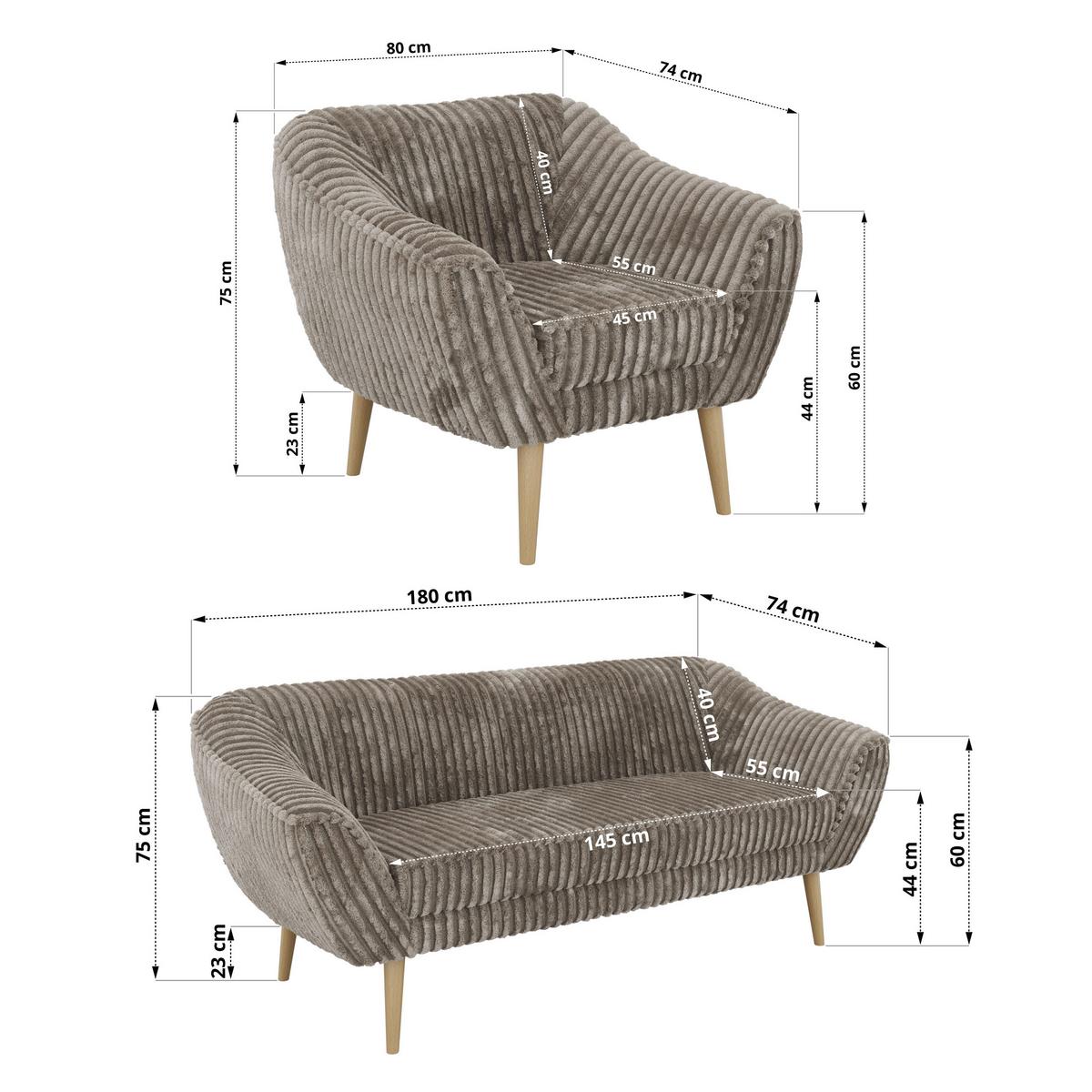 SITZGARNITUR PIRS 3+1+1 - Hellbraun Cord - Holzbeine - Hellbraun/Buchefarben, Holzwerkstoff/Textil (180/75/74cm) - MKS