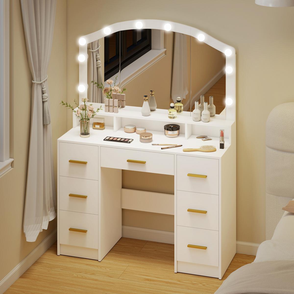 SCHMINKTISCH mit LED-Beleuchtung, 3 Lichtfarben, Spiegel, 7 Schubladen, Weiß - Weiß, Holzwerkstoff (40/150/110cm) - HOMCOM