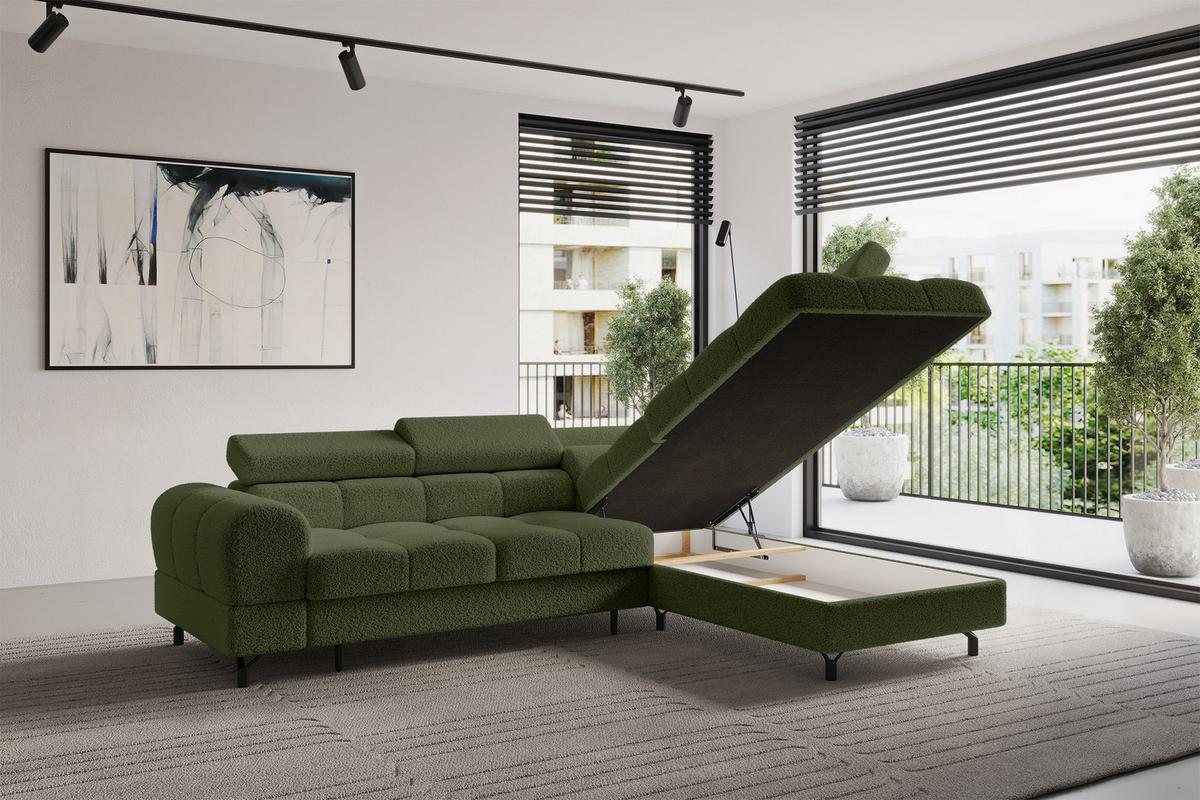 ECKSOFA mit Schlaffunktion Ottomane Rechts LUMA-L 272x203x70 Grün Bouclé - Schwarz/Grün, Holzwerkstoff/Kunststoff (203/272cm) - ALTDECOR