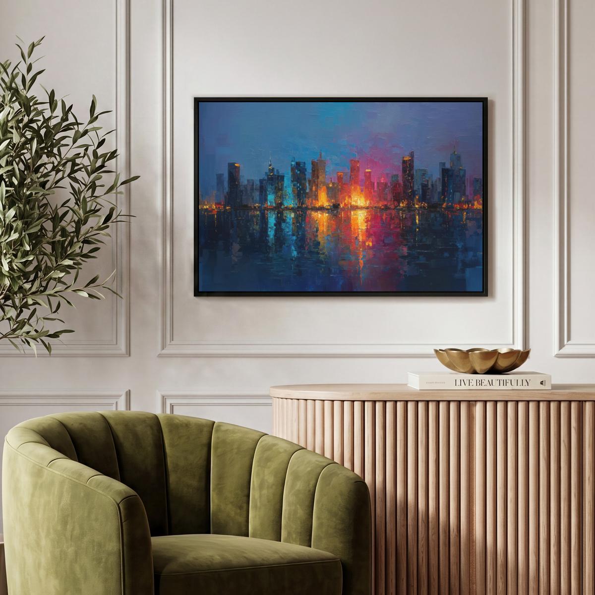 LEINWAND Bilder mit Rahmen - Skyline - Pinselstriche - Dunkelblau - Leuchtend - 60x40 - Blau, Textil (60/40cm) - MuchoWow