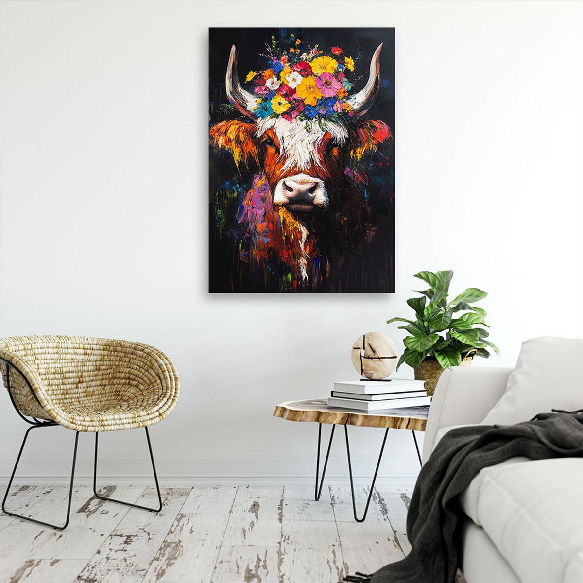 LEINWANDBILD Schottische Kuh mit Blumen auf dem Kopf 40x60cm - Multicolor, Textil (40/60cm) - Feeby