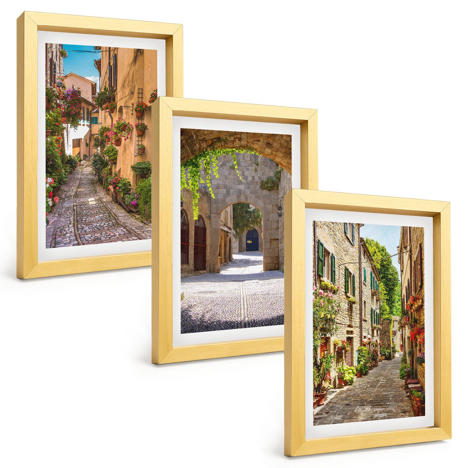 BILDER SET 3er Set - 20x30 cm Goldrahmen - Italienische Straßen, Blumen, Architektur - Goldfarben, Kunststoff (20/30cm) - TULUP