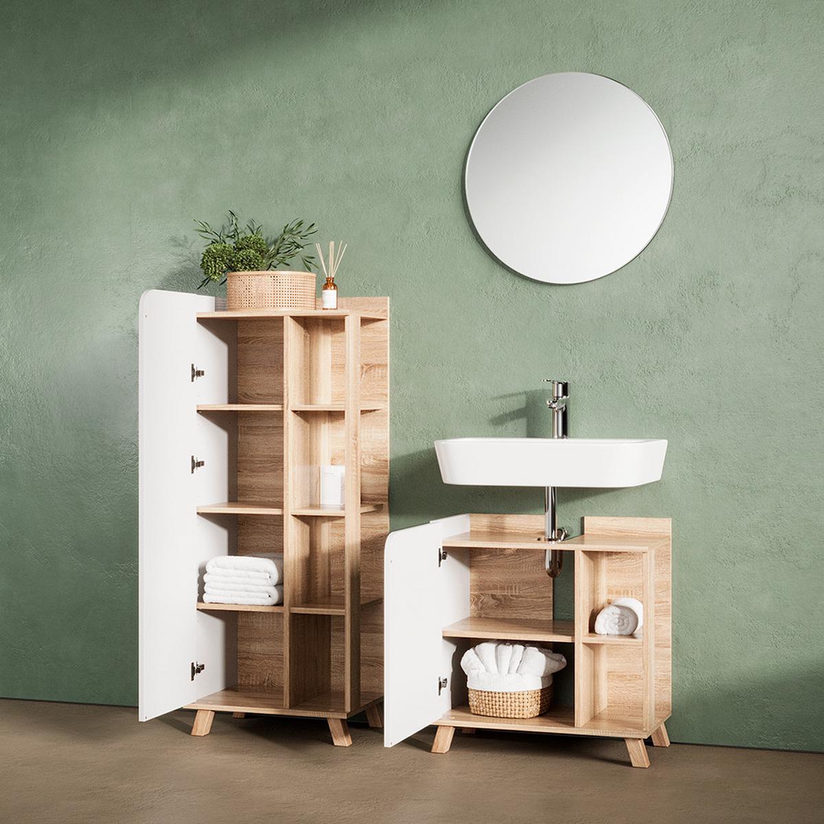 WASCHBECKENUNTERSCHRANK Marano Sonoma/Weiß 60 x 65 cm mit Tür und offenen Fächern - Weiß/Sonoma Eiche, Holzwerkstoff (60/65/35cm) - Livinity®