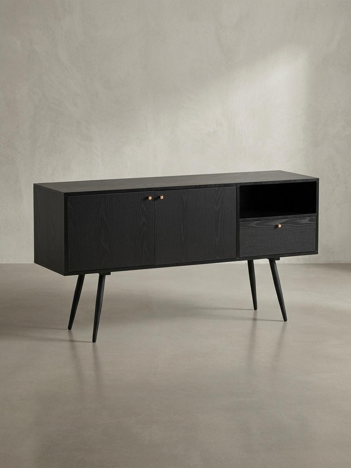 SIDEBOARD – Schwarz/Eiche-Dekor, 140x75x40 cm, mit 2 Türen, Schublade, offenes Fach - Schwarz, Holzwerkstoff/Metall (140/75/40cm) - KADIMA DESIGN