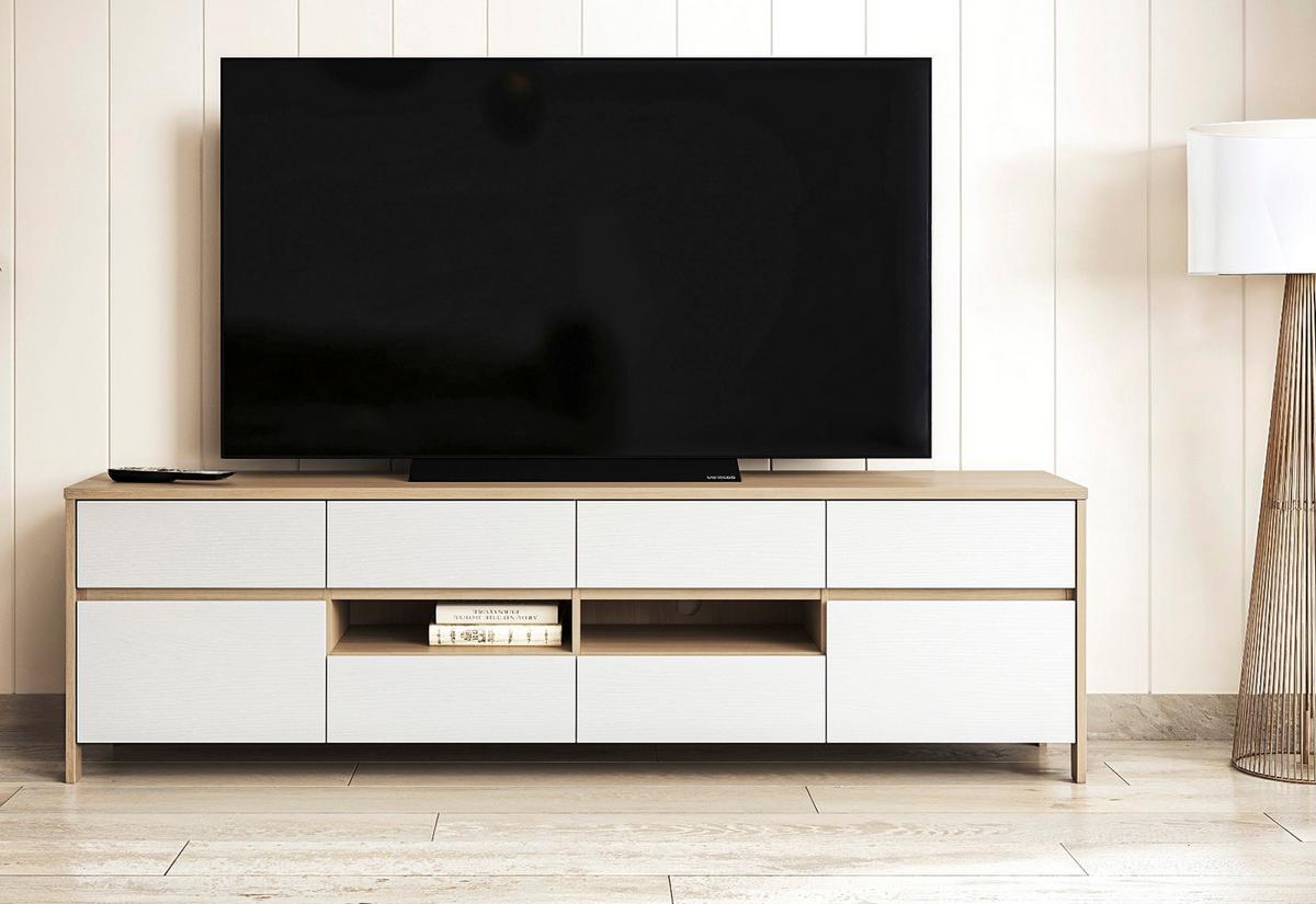 TV-LOWBOARD weiß, Eiche, TV Unterteil skandinavisch 193 cm, Soft-Close, Finnes - Eichefarben/Weiß, Holzwerkstoff/Metall (193/58/39cm) - Furn.Design