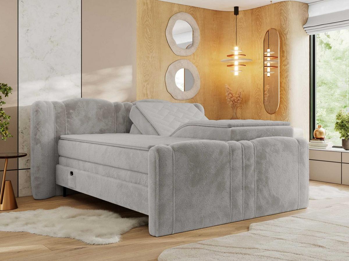 BOXBETT FORTINA 200/200 - Hellgrau Plüsch - H4 - Hellgrau, Holz/Textil (200/200cm) - MKS