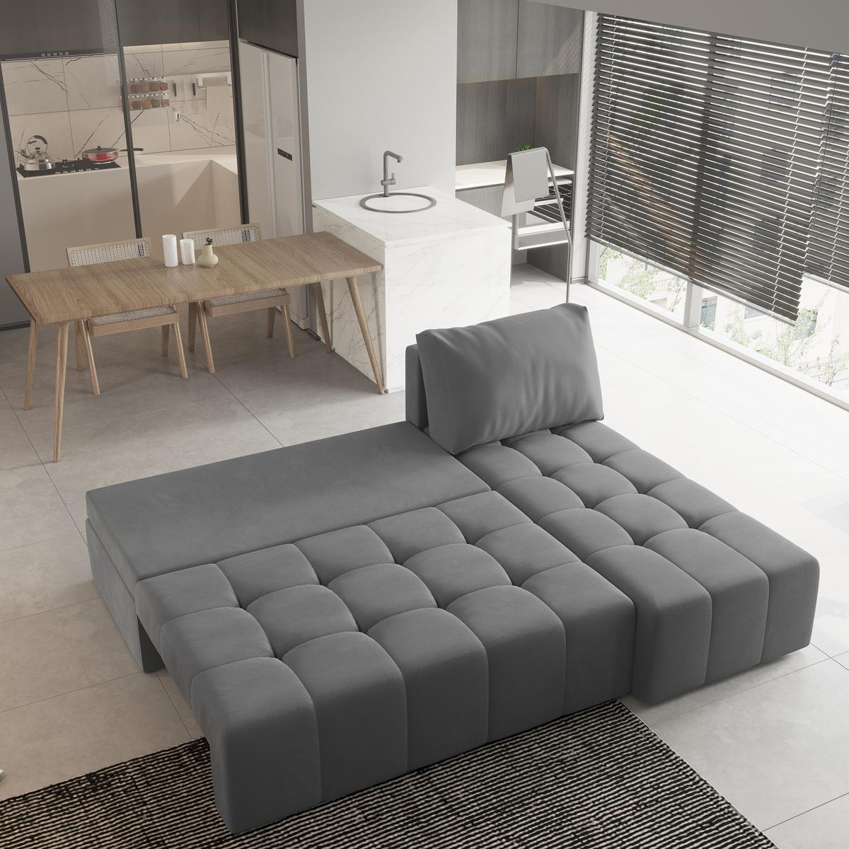 ECKSOFA DOMIRA Grau Plüsch-Stoff mit Schlaffunktion - Grau, Holz (200/141cm) - MASSENO