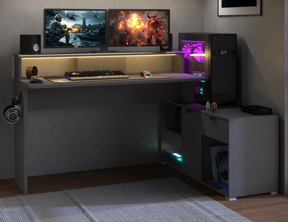 GAMINGTISCH schwarz, grau 229 cm, Gamer Winkelschreibtisch inkl. LED mit Farbwechsel - Schwarz/Grau, Holzwerkstoff/Kunststoff (60/229/95cm) - Parisot Meuble
