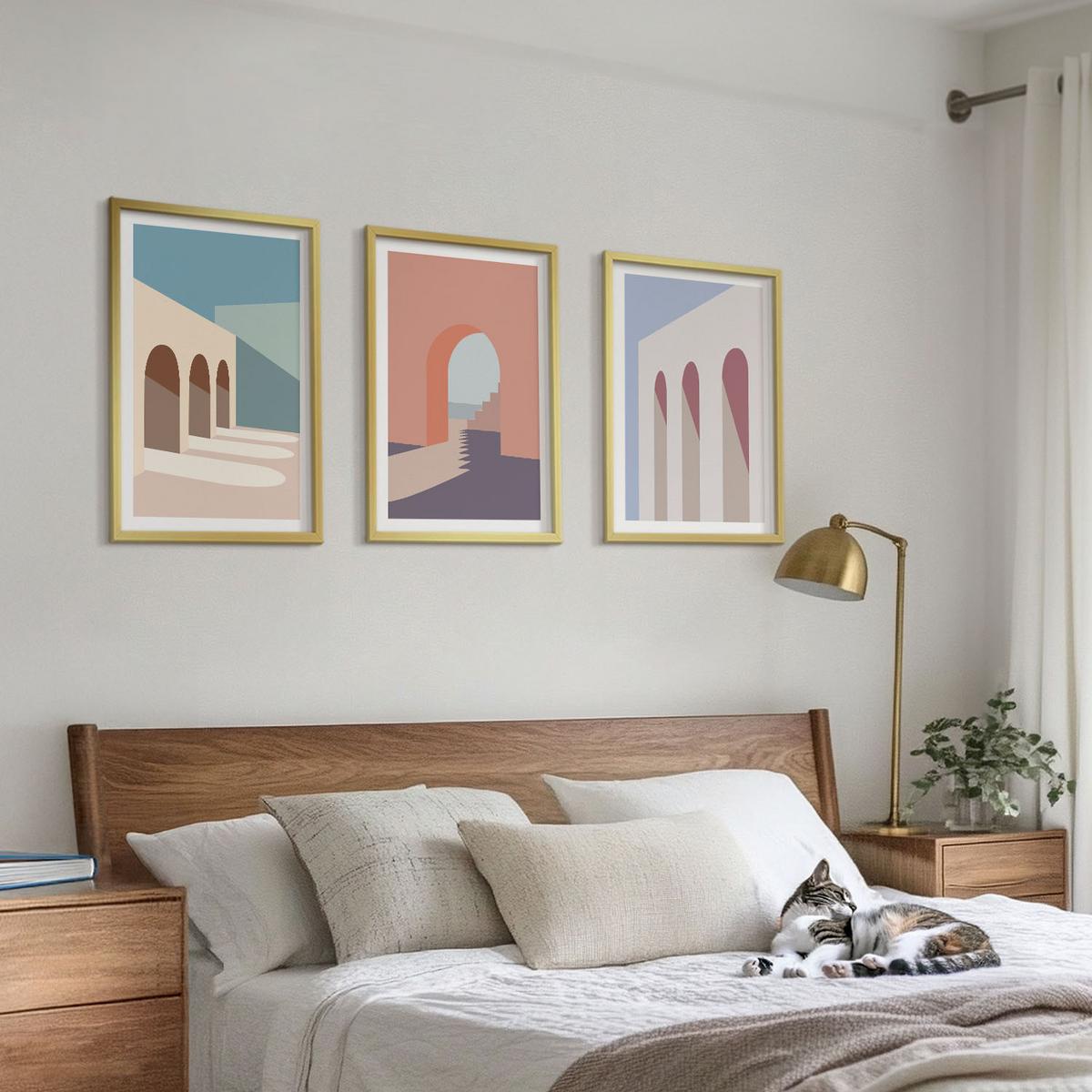 BILDER SET 3er Set - 40x60 cm Goldrahmen - Architekturgrafiken in Pastellfarben - Goldfarben, Kunststoff (40/60cm) - TULUP