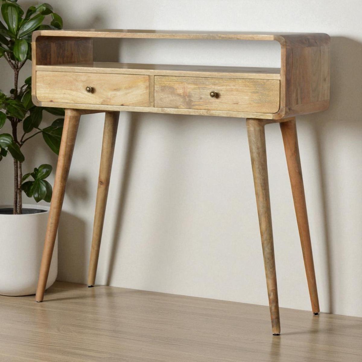 KONSOLE-TISCH in Eichen-Finish, 2 Schublades, 1 Offenes Fach, Beige - Messingfarben/Braun, Holz/Metall (35/90/90cm) - Artisan Furniture