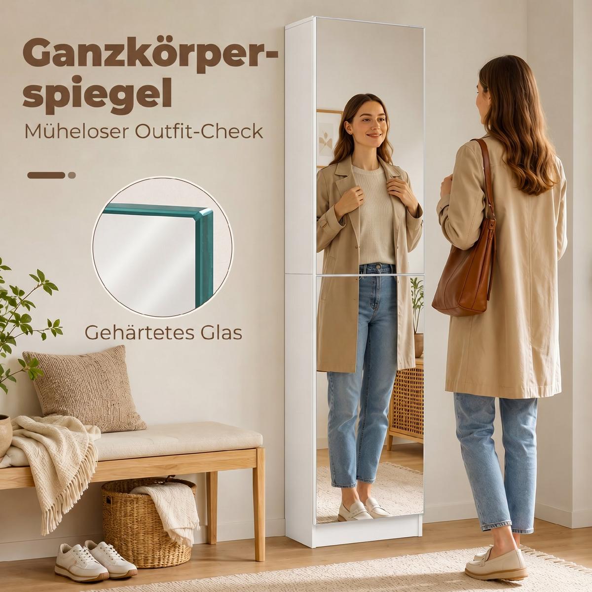 SCHUHSCHRANK Spanplatte Hartglas Weiß - Silberfarben/Weiß, Holzwerkstoff/Textil (20/180/50cm) - HOMCOM