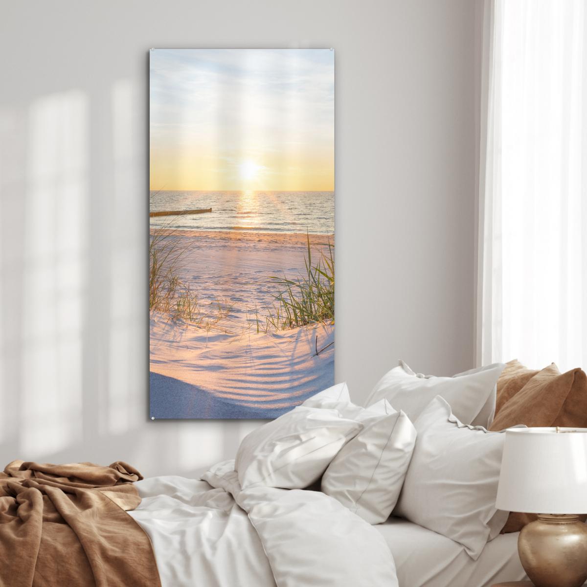 ACRYLGLASBILD Strand - Sonne - Düne - Gras - Sand - Horizont 60x120 cm - Hellblau, Glas (60/120cm) - MuchoWow