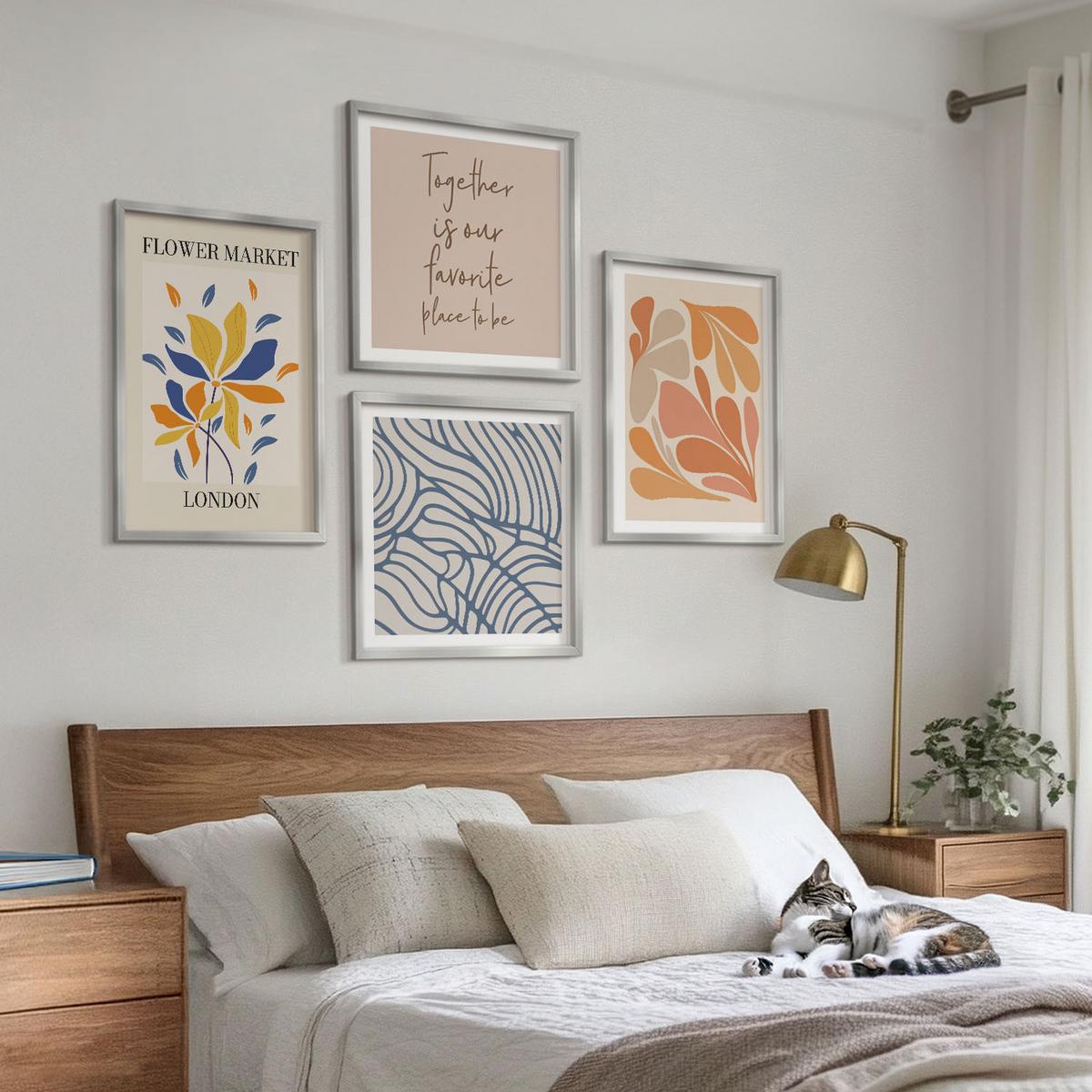 BILDER SET 4er Set - 50x50 cm & 40x60 cm Silberner Rahmen - Moderne abstrakte Blumen - Silberfarben, Kunststoff (50/50cm) - TULUP