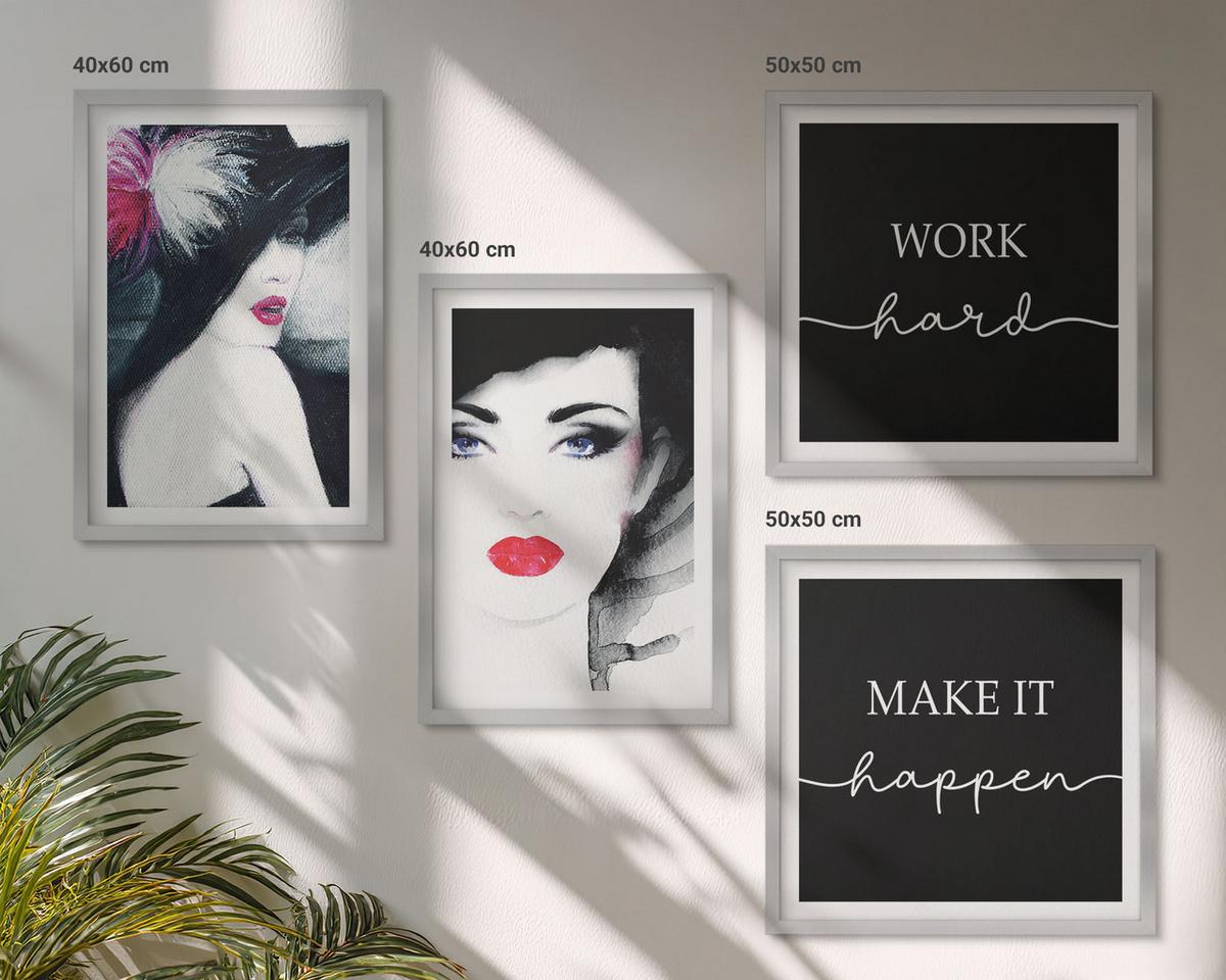 BILDER SET 4er Set - 50x50 cm & 40x60 cm Silberner Rahmen - Porträts von Frauen mit Lippen - Silberfarben, Kunststoff (50/50cm) - TULUP