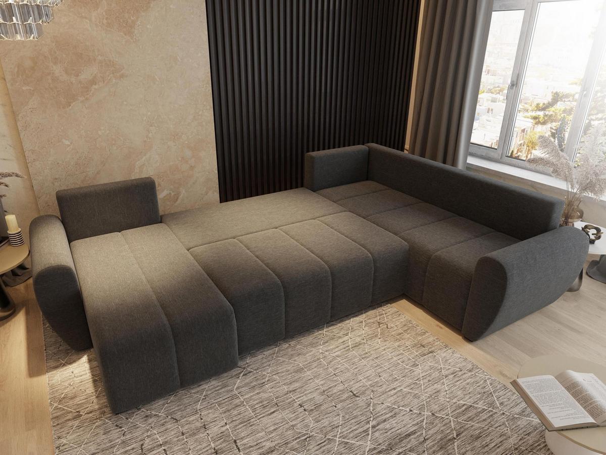 WOHNLANDSCHAFT MADISON XL R-S Hellgrau Dünner Stoff mit Schlaffunktion - Hellgrau/Schwarz, Holz/Kunststoff (303/82/208cm) - MASSENO