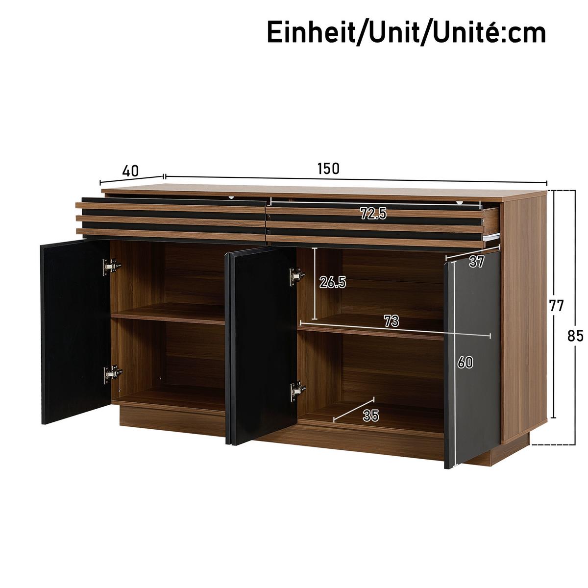 SIDEBOARD in Holzoptik und Schwarz, mit 4 Türen und 2 Schubladen - Walnussfarben, Holzwerkstoff (150/85/40cm) - Urban Meuble