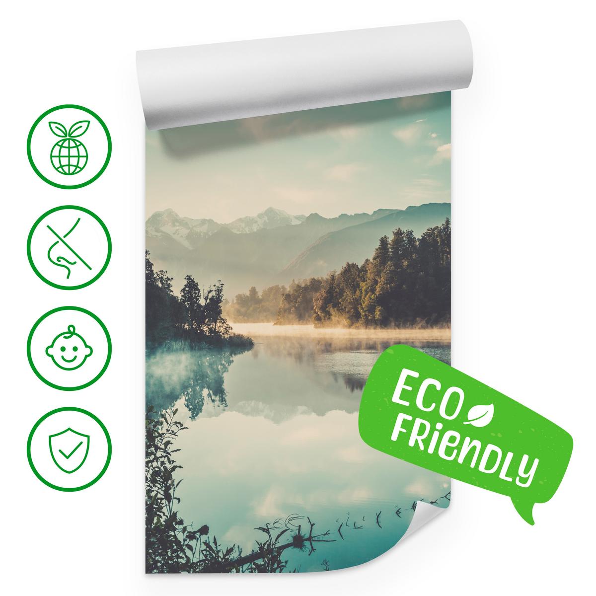 FOTOTAPETE für Esszimmer Bergsee Wald Bäume Nebel 300x210 - Türkis/Gelb, Papier (300/210cm) - Muralo