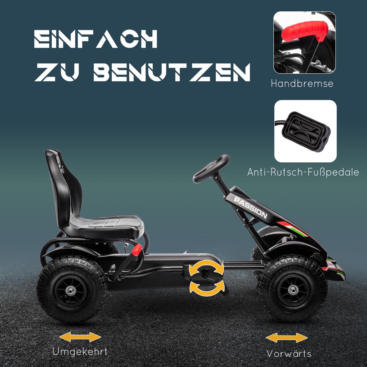 KINDER GO KART TRETAUTO, Schwarz, Kunststoff+ Metall - Schwarz, Metall (121/58/61cm) - HOMCOM