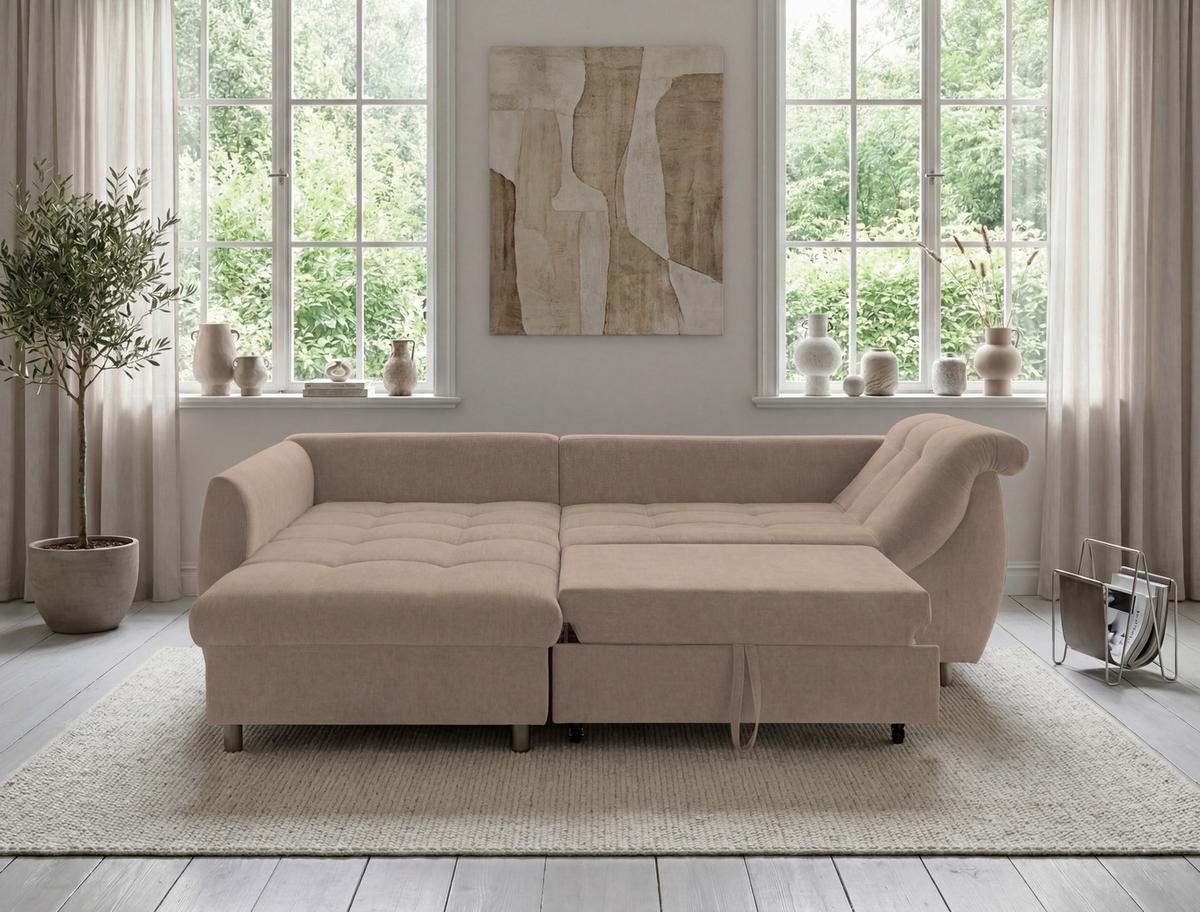 ECKSOFA mit Schlaffunktion, Wellenunterfederung, Ottomane links B250/T190/H84 cm, Liegefl. 179x190 cm, Mikrofaser Hellbraun / 17012 - Hellbraun/Chromfarben, Textil/Metall (250/190cm) - luma-home