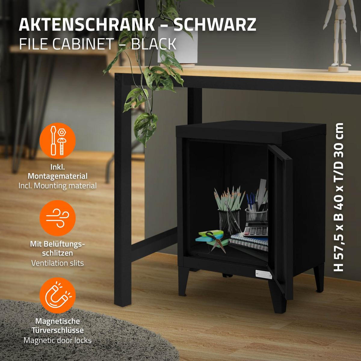 AKTENSCHRANK 40x30x57,5 cm Schwarz aus Stahl - Schwarz, Metall (30/57.5/40cm) - ML-DESIGN