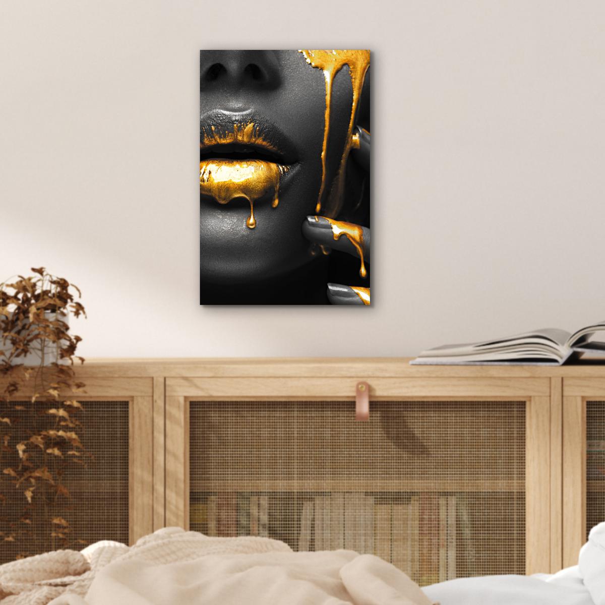 METALLBILD Frau - Schwarz - Gold - Gesicht - Lippen 20x30 cm - Goldfarben, Metall (20/30cm) - MuchoWow