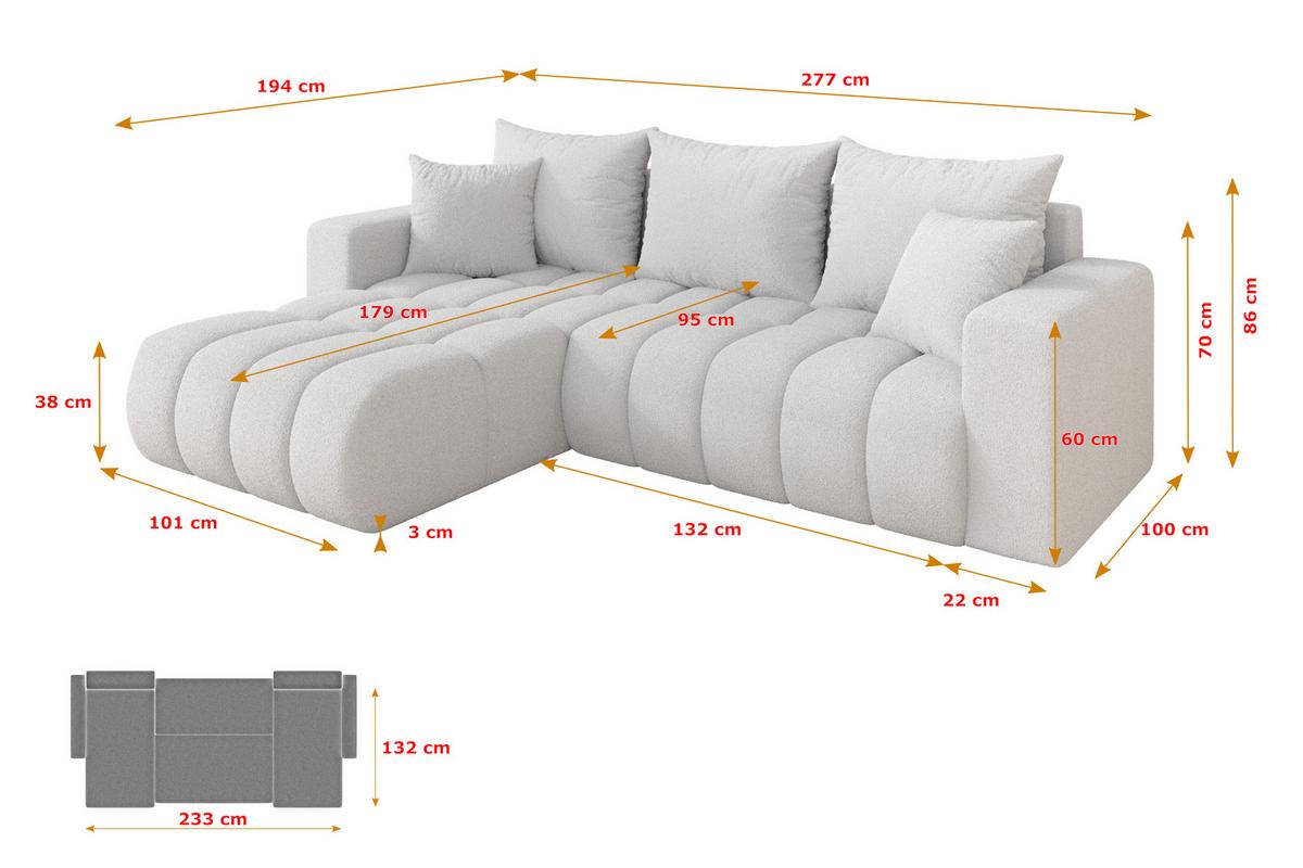 ECKSOFA mit Schlaffunktion Ottomane Links MILA-L-v1 277x195x86 Weiß Bouclé - Schwarz/Weiß, Holzwerkstoff/Kunststoff (277/194cm) - ALTDECOR