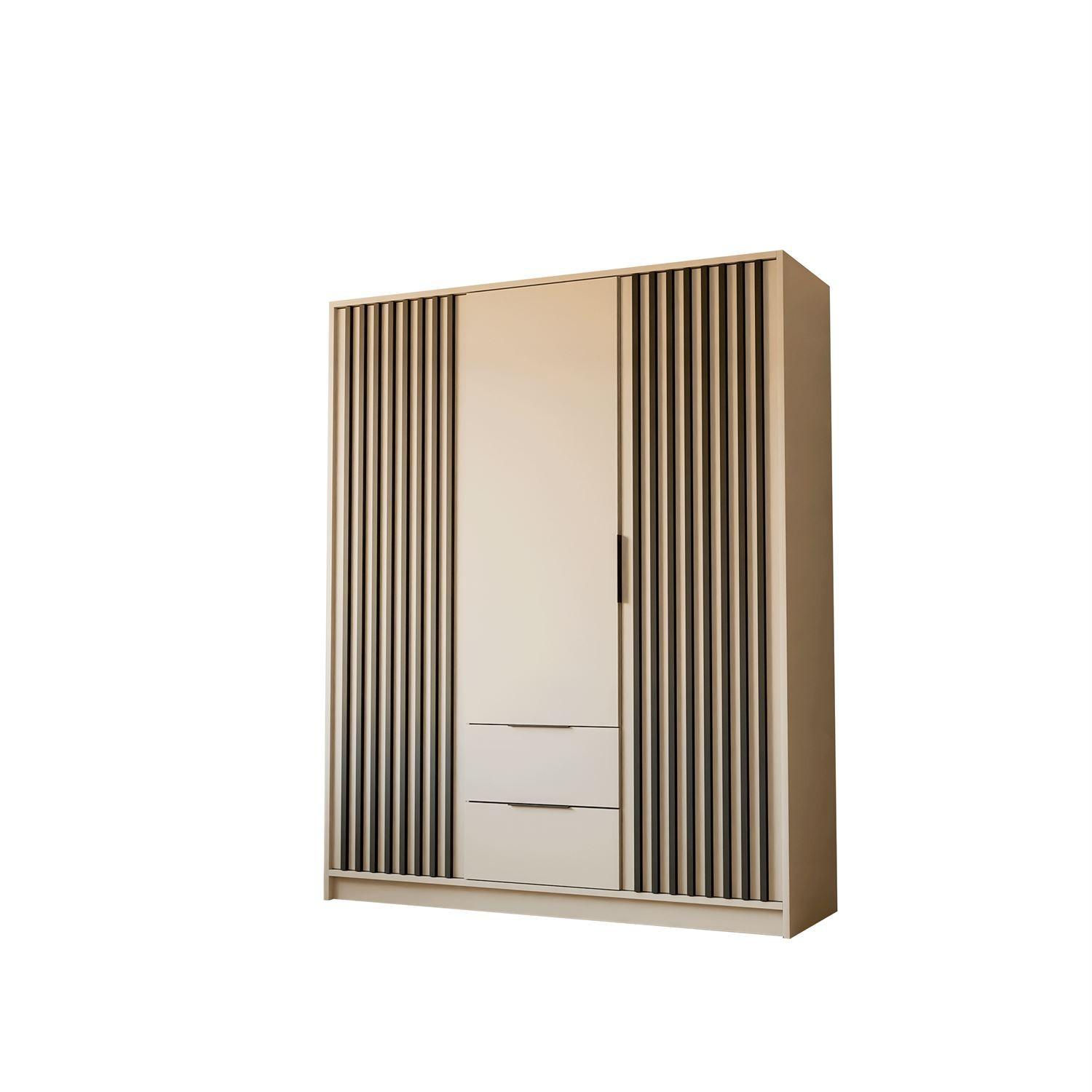 KLEIDERSCHRANK NELA, dreitürig mit Lamellen, 155 cm, Kaschmir/Schwarz - Kaschmir, Holzwerkstoff (155/200/51cm) - Lookway