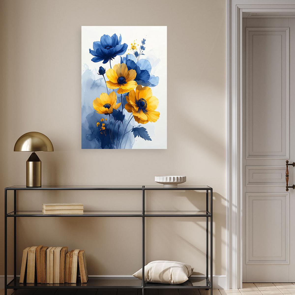 WANDBILD, Blaue und gelbe botanische Blumen - Blau, Textil (20/30cm) - Feeby