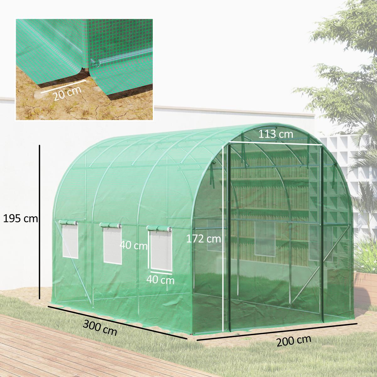 FOLIENTUNNEL, 300L x 200B x 195H cm - Grün, Kunststoff (200/195/300cm) - Outsunny