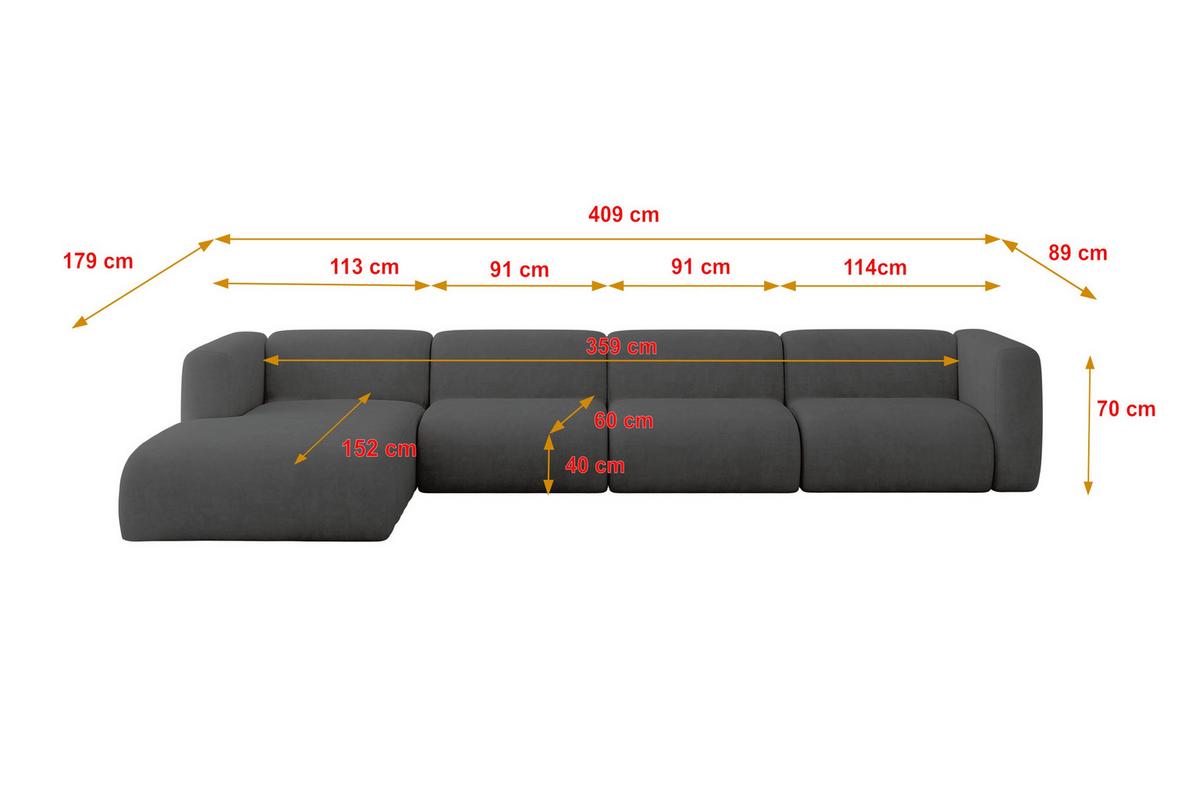 ECKSOFA Ottomane Links MIRA-L3 409x179x70 Dunkelgrau Velours - Dunkelgrau/Schwarz, Holzwerkstoff/Kunststoff (409/179cm) - ALTDECOR