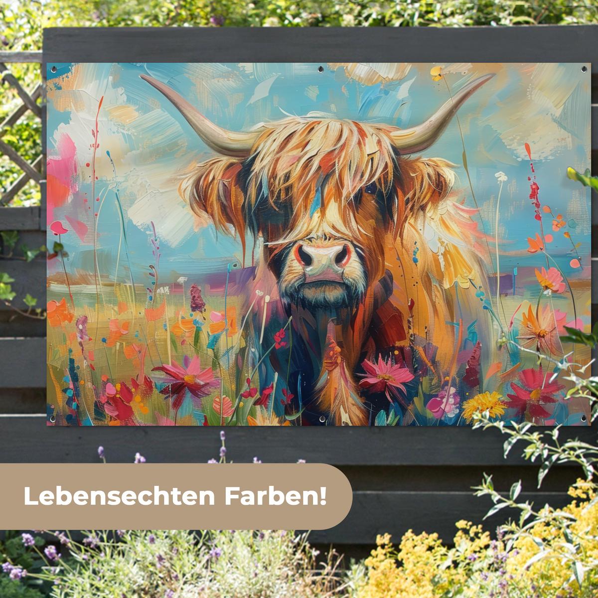 GARTENPOSTER Schottische Hochländer - Natur - Farbenfroh - Blumen Poster für draußen 180x120 cm - Hellblau, Kunststoff (180/120/0.2cm) - OnlyWow