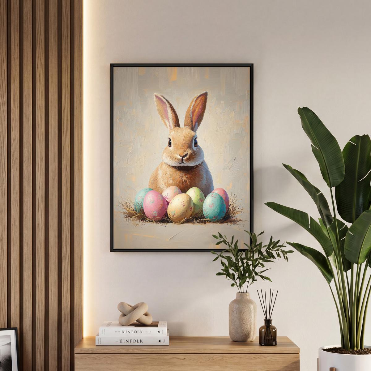 LEINWAND Bilder mit Rahmen - Osterhase - Pastell - Eier - 50x70 - Beige, Textil (50/70cm) - MuchoWow