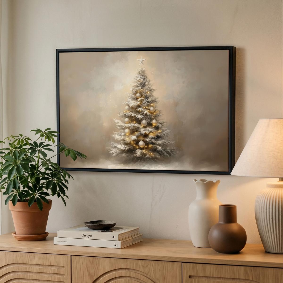 LEINWAND Bilder mit Rahmen - Weihnachten - Weihnachtsbaum - Schnee - Kunst - 60x40 - Champagner, Textil (60/40cm) - MuchoWow