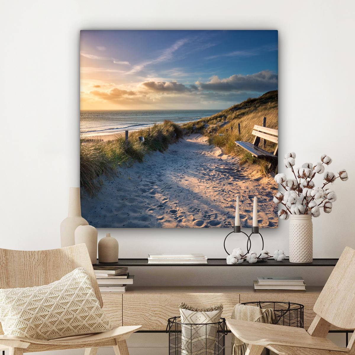 LEINWANDBILD Sonnenuntergang - Strand - Düne - Gras - Ufer Deko Groß 90x90 cm - Sandfarben, Textil (90/90cm) - MuchoWow