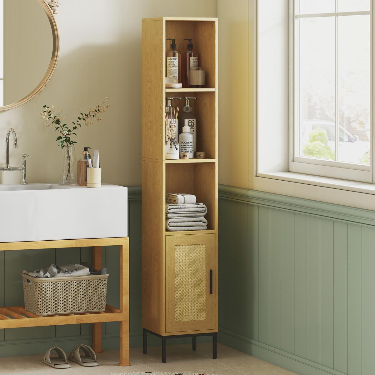 BADEZIMMERSCHRANK Spanplatte Stahl Naturholz - Schwarz/Naturfarben, Holzwerkstoff/Kunststoff (30/164/30cm) - HOMCOM