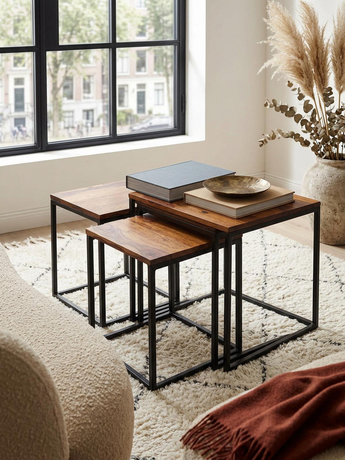 BEISTELLTISCH Set – Massivholz Metall Braun Schwarz rund 3 Größen - Schwarz/Braun, Holz/Metall (40/40/42cm) - KADIMA DESIGN