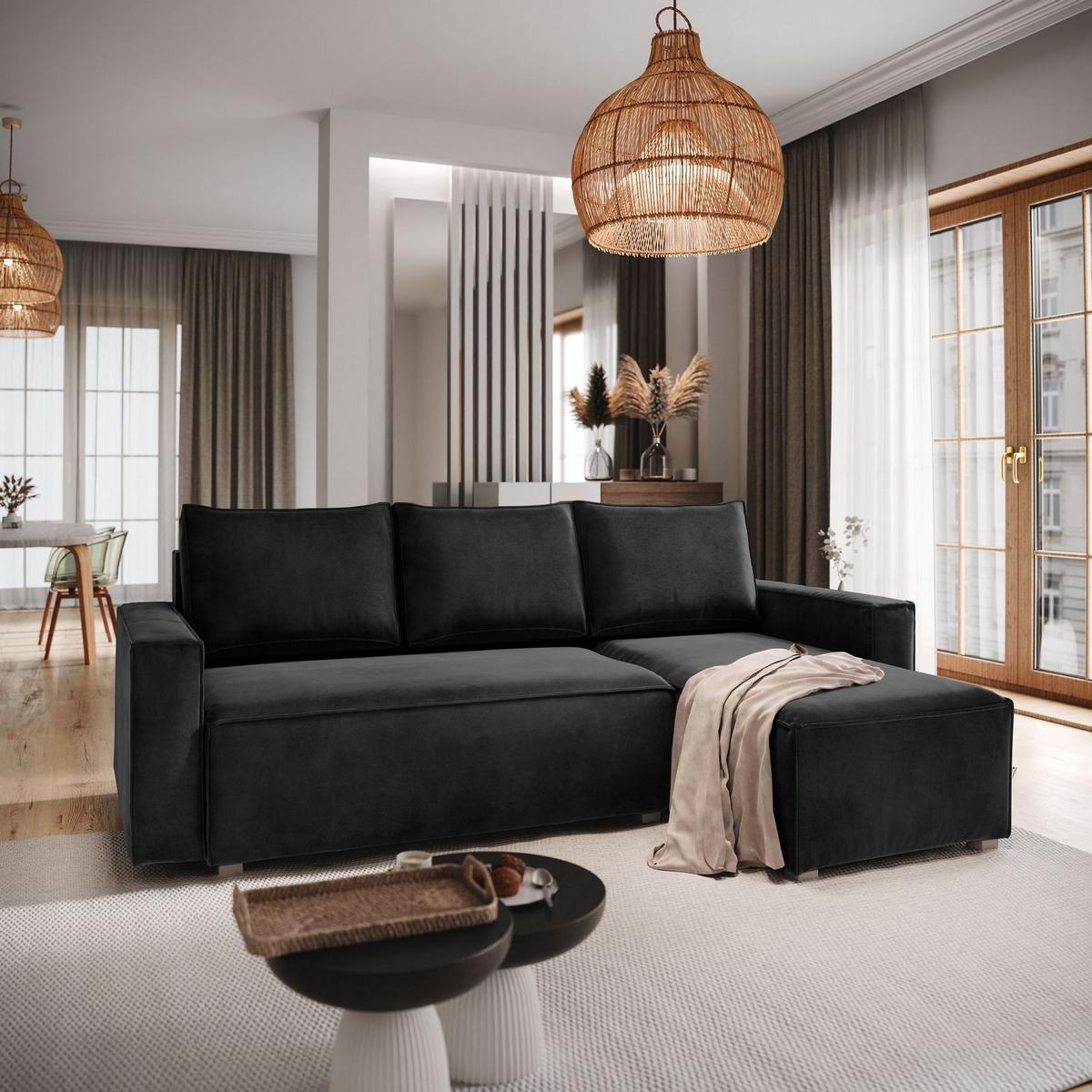 ECKSOFA SILES Schwarz Velours-Stoff mit Schlaffunktion - Schwarz/Grau, Holz/Kunststoff (230/140cm) - MASSENO