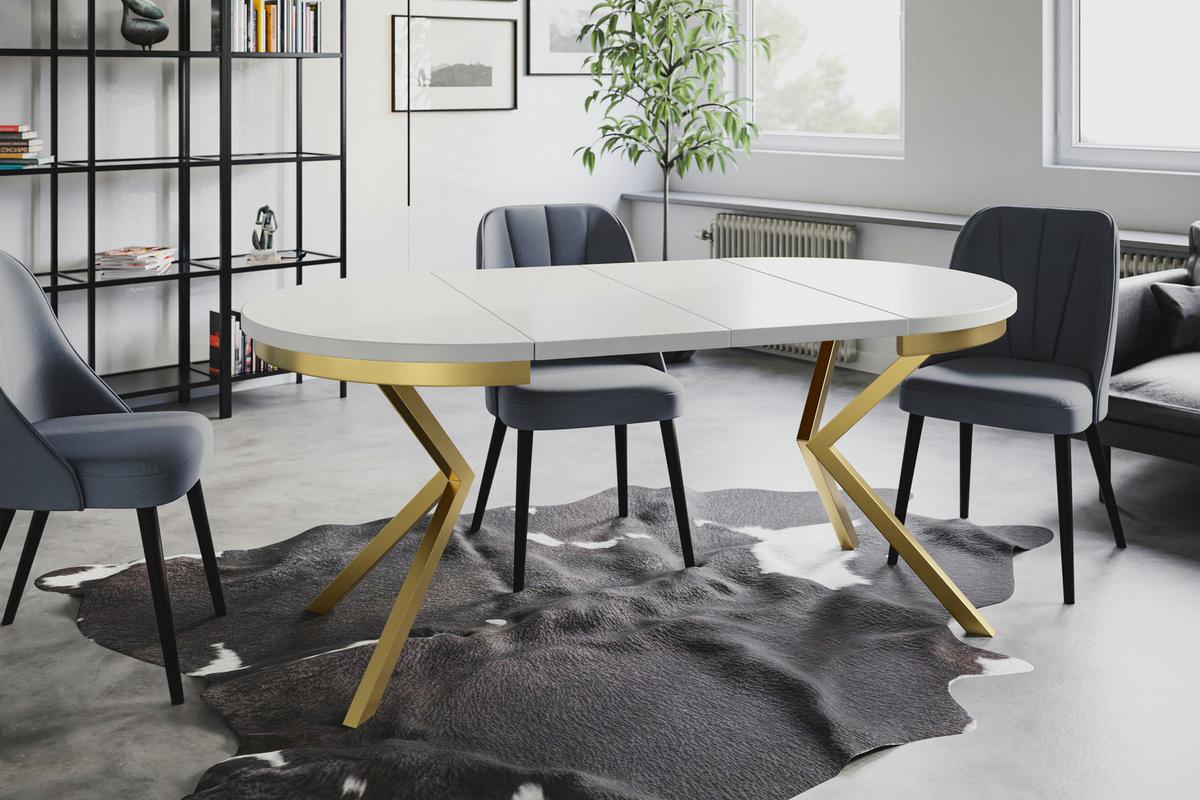 RUNDER Esszimmertisch BERGO, ausziehbarer Tisch Durchmesser: 90 cm/170 cm, Wohnzimmertisch Farbe: Hellgrau, mit Metallbeinen in Farbe Gold - Goldfarben/Grau, Holzwerkstoff (90/90/76cm) - Alpi-Möbel