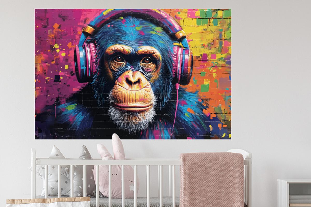 WANDTATTOO Graffiti - Schimpanse - Straßenkunst - Kopfhörer - Affe Wandsticker 120x80 cm - Blau, Kunststoff (120/80/0.1cm) - MuchoWow