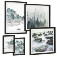BILDER SET 5er Set - 50x50 cm & 20x30 cm & 40x60 cm Schwarzer Rahmen - Sommerwiesenblumen Sonnenuntergang - Schwarz, Kunststoff (40/60cm) - TULUP