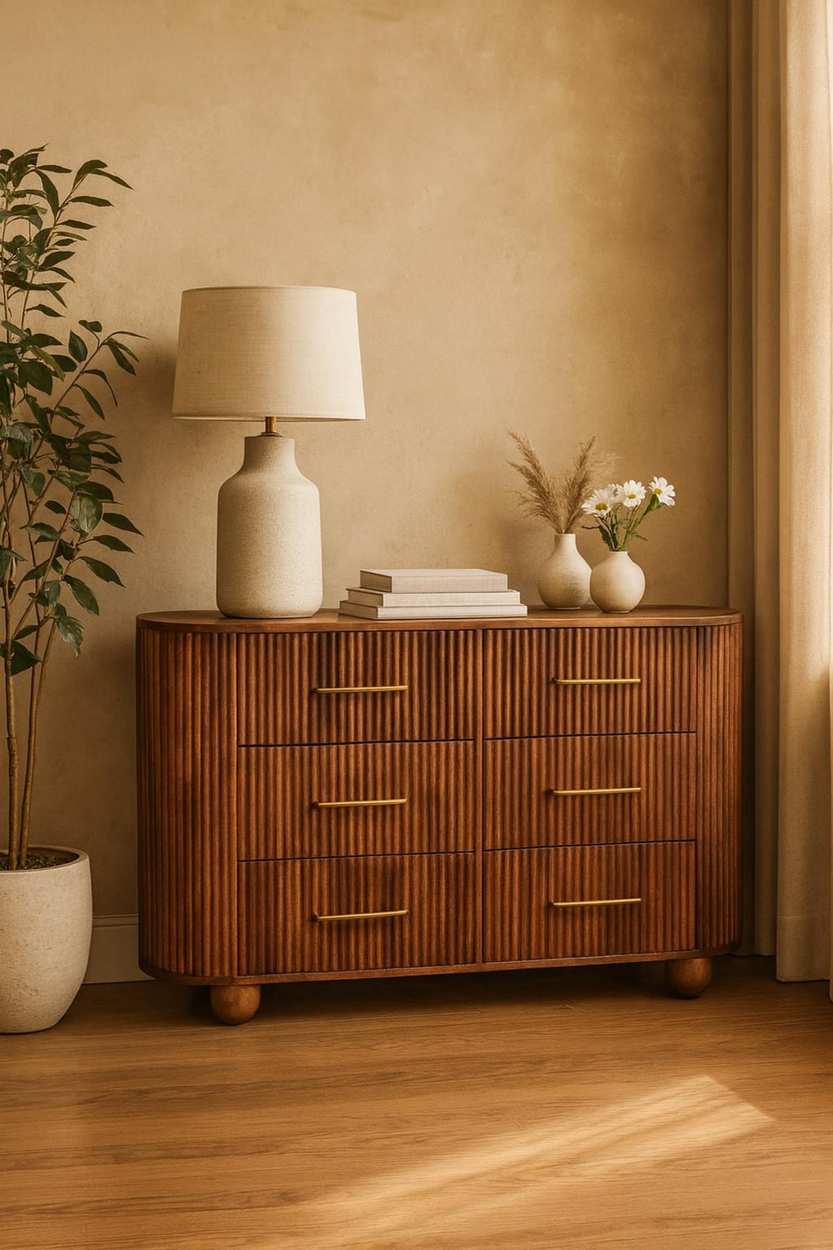 KOMMODE mit Roasted-Almond-Finish, 6 Schubladen, T-Bar-Griffe, geröstetes Braun - Goldfarben/Braun, Holz/Metall (135/79/35cm) - Artisan Furniture