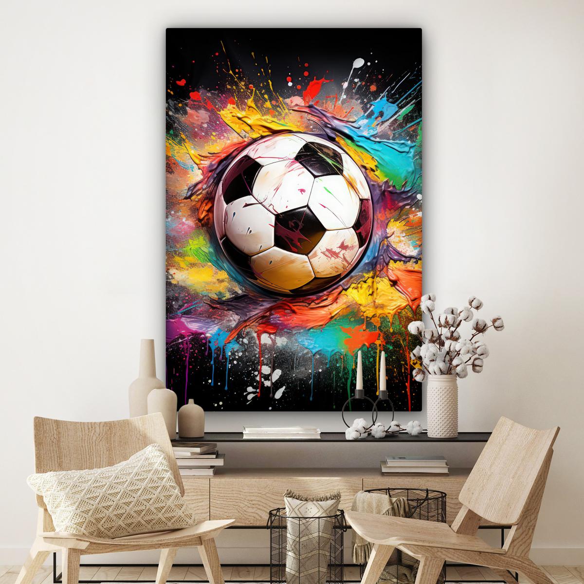 LEINWANDBILD Fußball - Farbe - Farben - Schwarz - Weiß Deko Groß 90x140 cm - Weiß, Textil (90/140cm) - MuchoWow