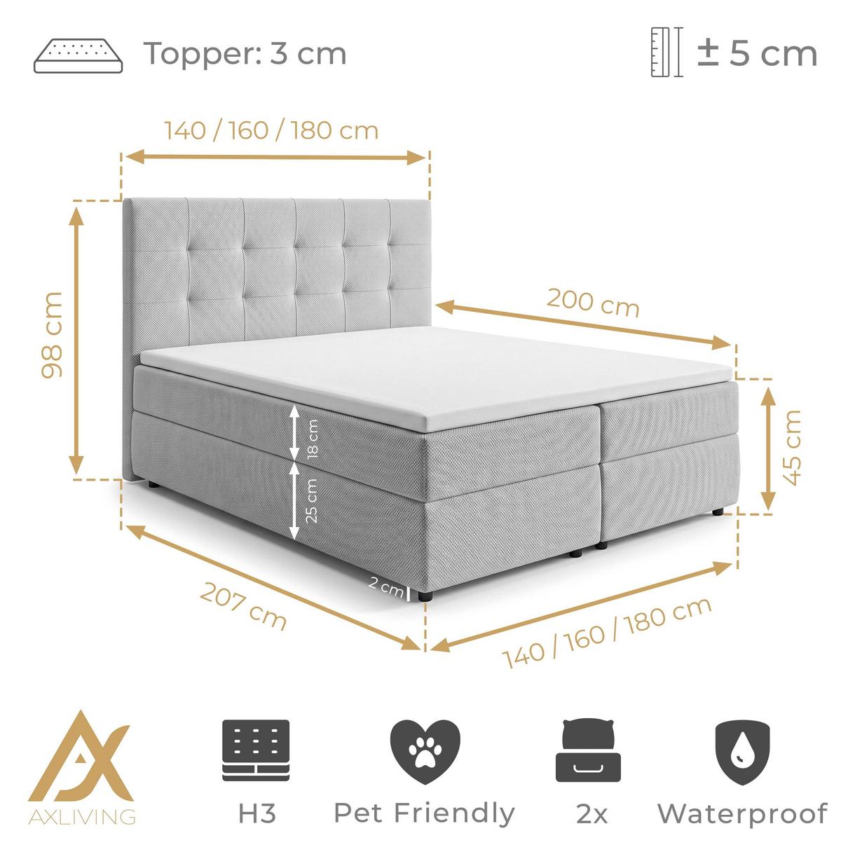 BOXBETT SAKARYA 180x200 cm mit Bettkasten und Matratze - Hellgrau + TOPPER - Hellgrau/Schwarz, Holz/Holzwerkstoff (180/200cm) - AX Living